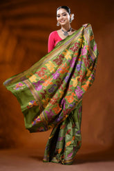 Olive green silk kantha stitch saree with multicolor floral motif 5