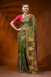 Olive green silk kantha stitch saree with multicolor floral motif 6