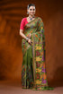 Olive green silk kantha stitch saree with multicolor floral motif 1