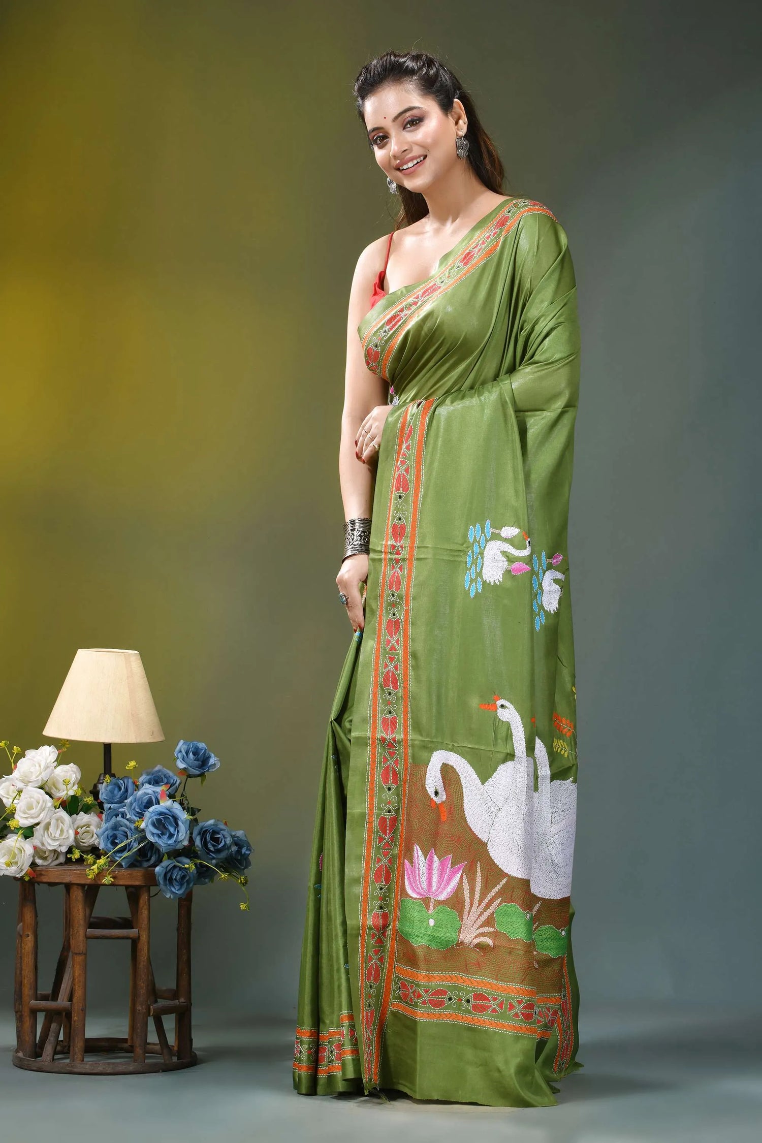 Olive green swan motif handcrafted silk kantha saree vibrant olive green silk saree 3