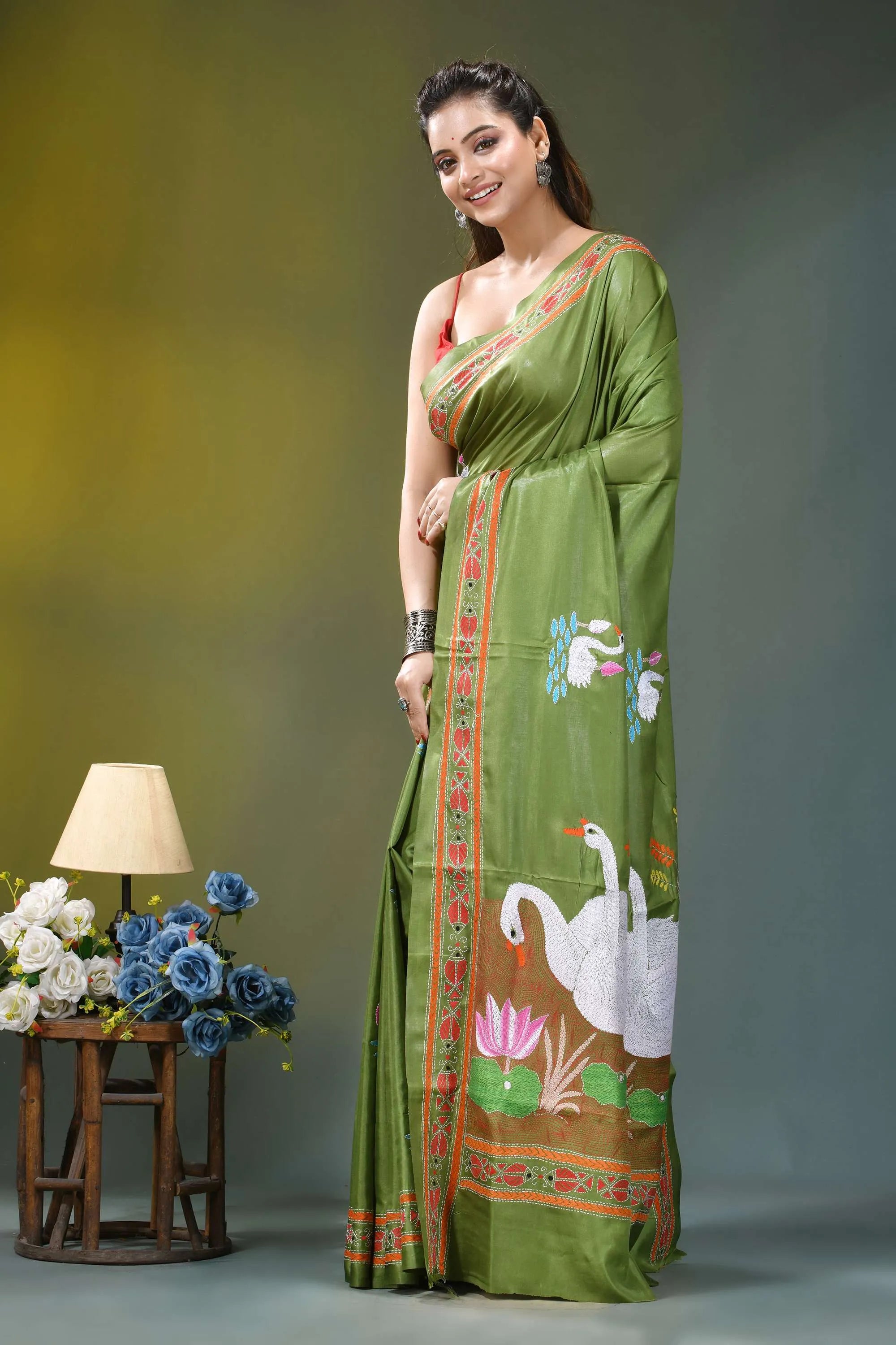 Olive green swan motif handcrafted silk kantha saree vibrant olive green silk saree 3