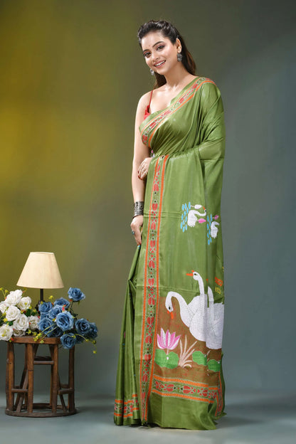 Olive green swan motif handcrafted silk kantha saree vibrant olive green silk saree 3
