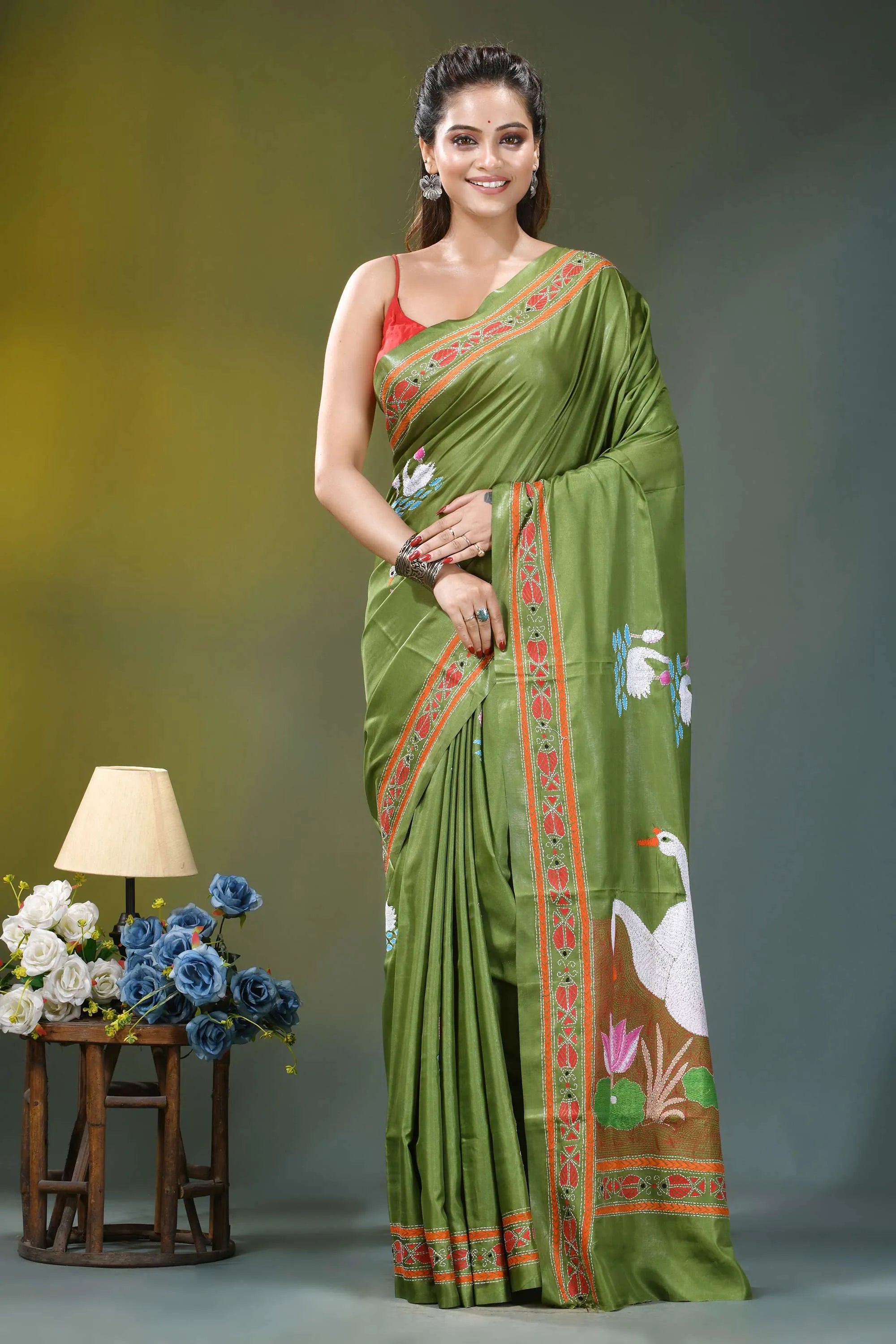 Olive green swan motif handcrafted silk kantha saree vibrant olive green silk saree 1