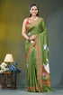 Olive green swan motif handcrafted silk kantha saree vibrant olive green silk saree 1