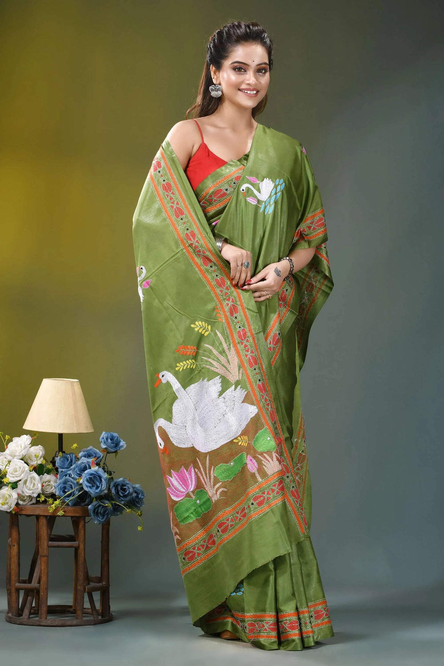 Olive green swan motif handcrafted silk kantha saree vibrant olive green silk saree 5