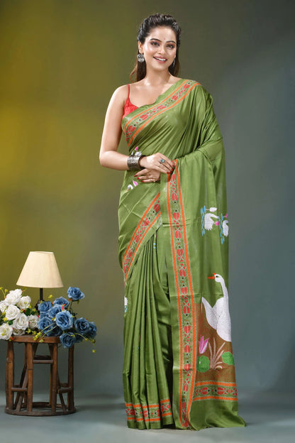 Olive green swan motif handcrafted silk kantha saree vibrant olive green silk saree 6