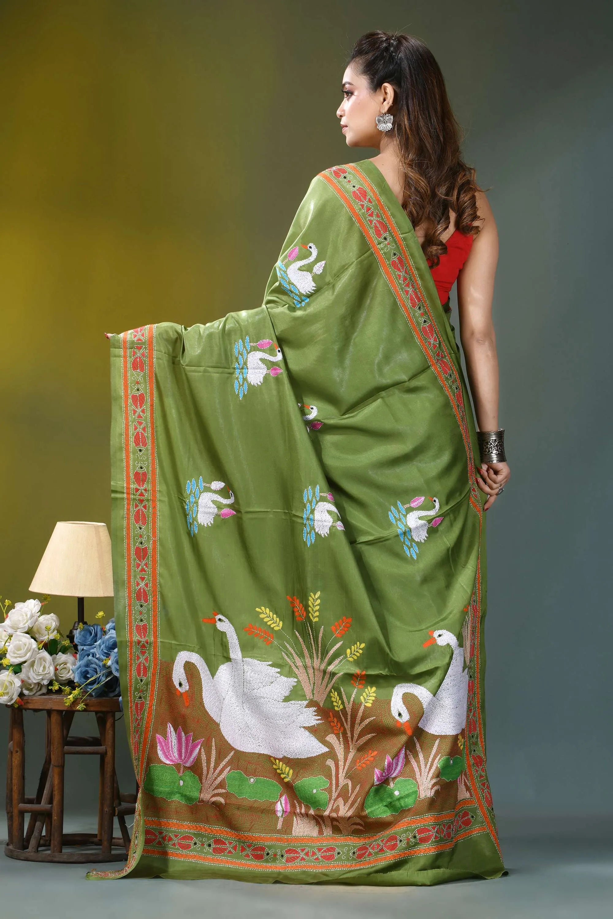 Olive green swan motif handcrafted silk kantha saree olive green silk saree embroidered 4