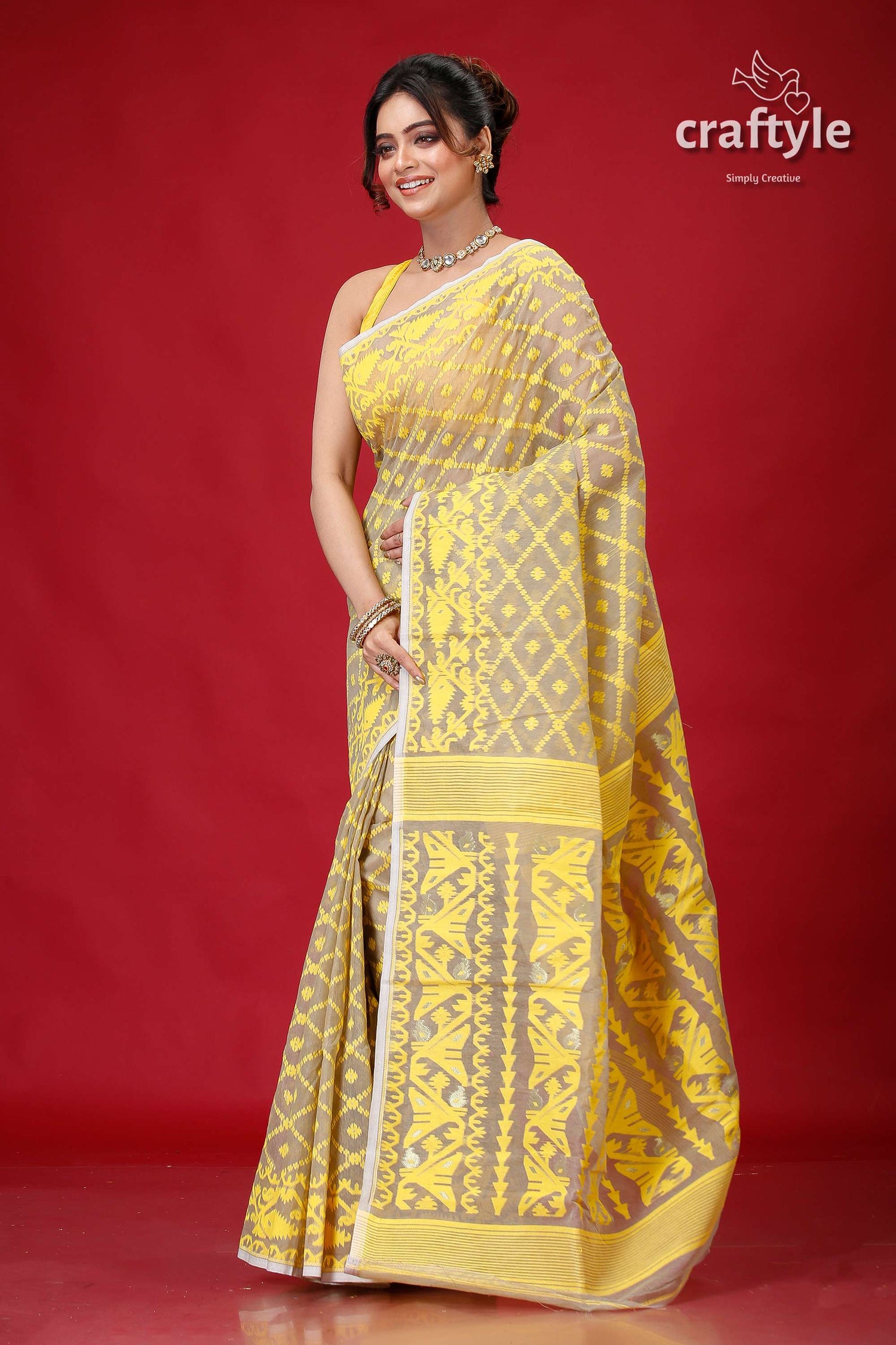 Olive Grey Jamdani Weave Saree-Craftyle