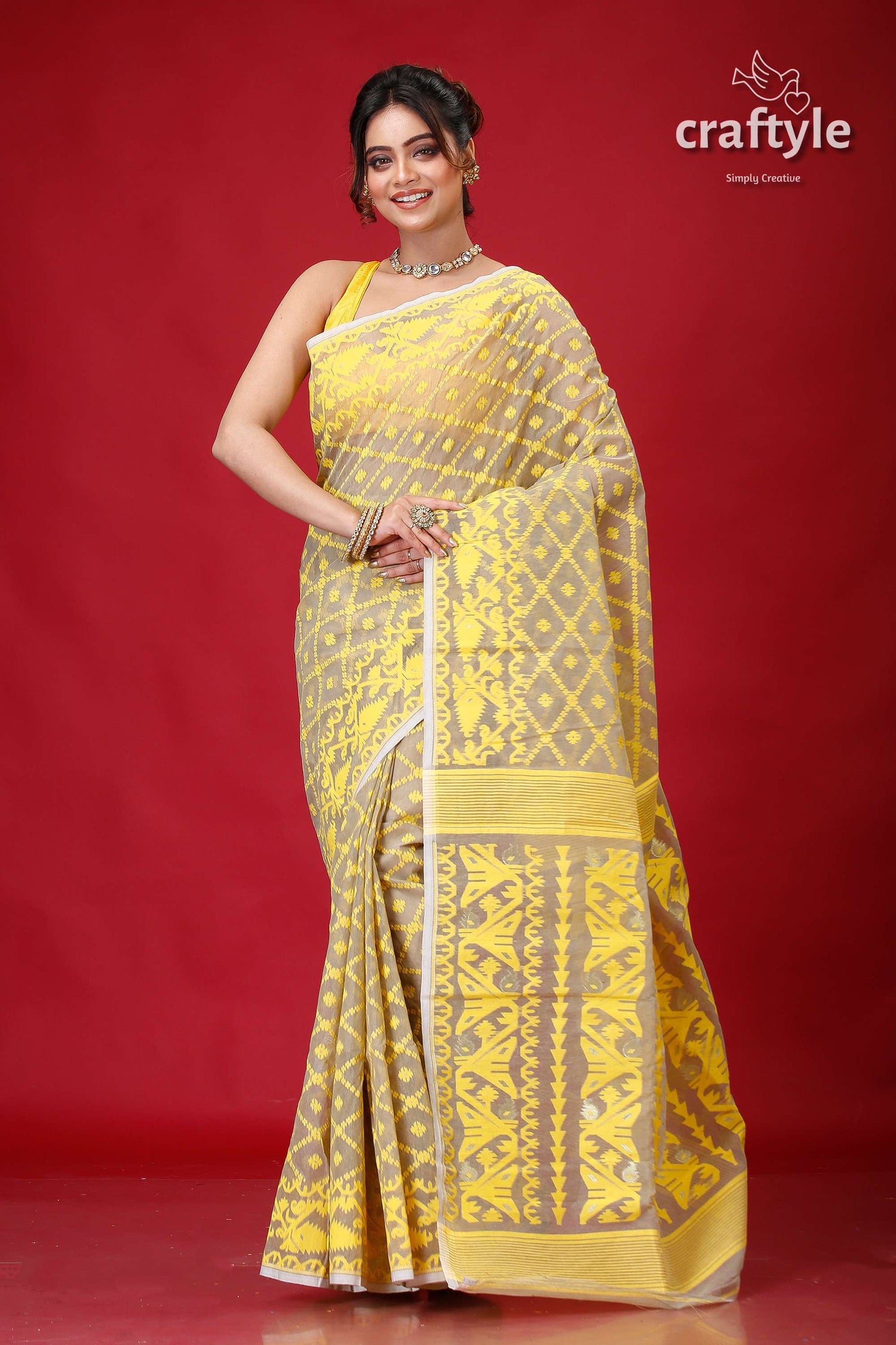 Olive Grey Jamdani Weave Saree-Craftyle