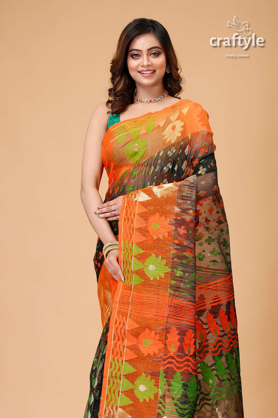 Onyx Black and Orange Jamdani Saree for Women-Craftyle