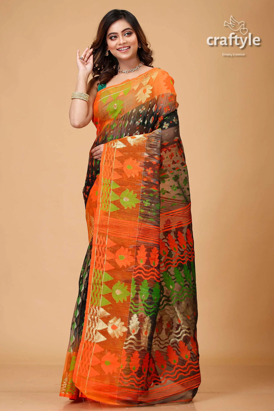 Onyx black and orange jamdani saree for women orange black patterned saree 1