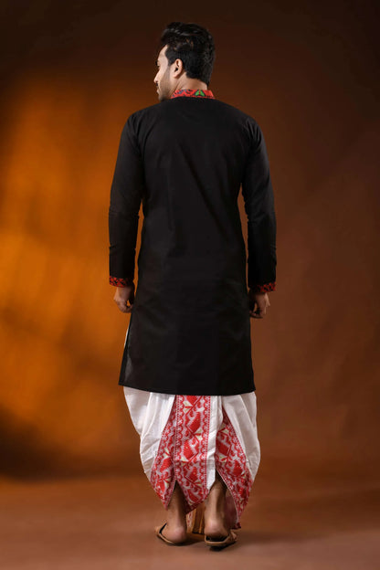 Onyx black and red pure cotton jamdani punjabi for men 5