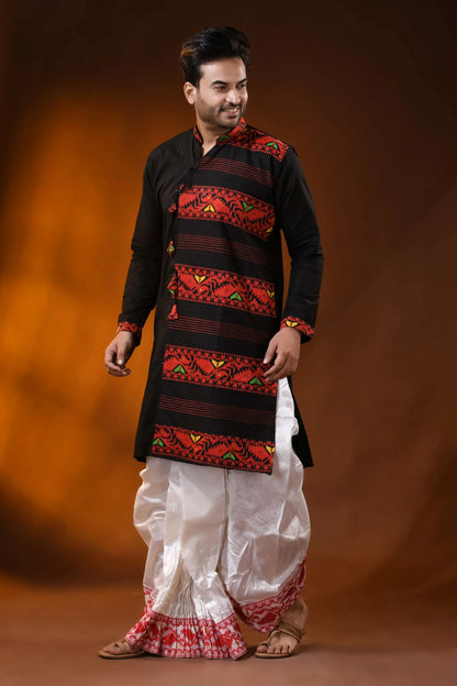 Onyx black and red pure cotton jamdani punjabi for men 3
