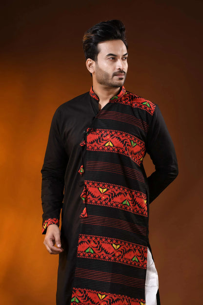 Onyx black and red pure cotton jamdani punjabi for men 2