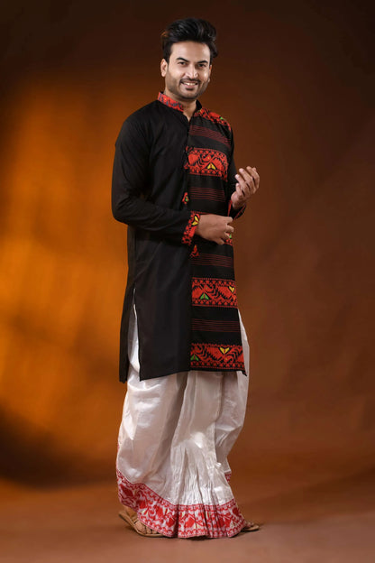 Onyx black and red pure cotton jamdani punjabi for men 4