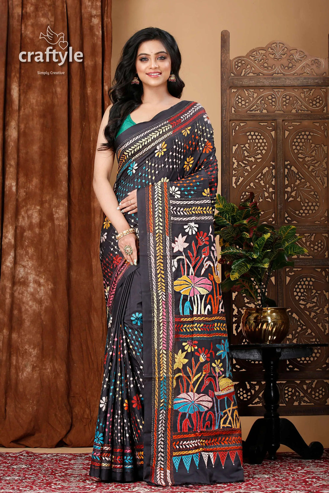 Onyx black artisanal silk kantha stitched saree woman black embroidered saree 1