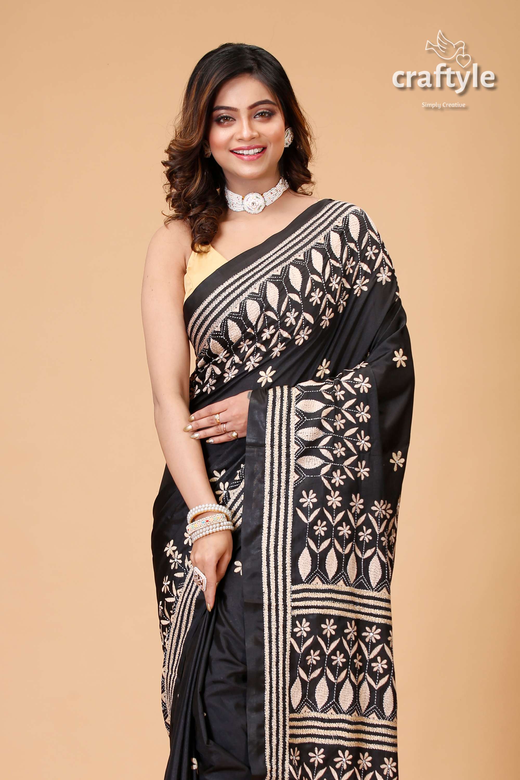 Onyx Black Beige Thread Handmdade Silk Kantha Saree - Craftyle