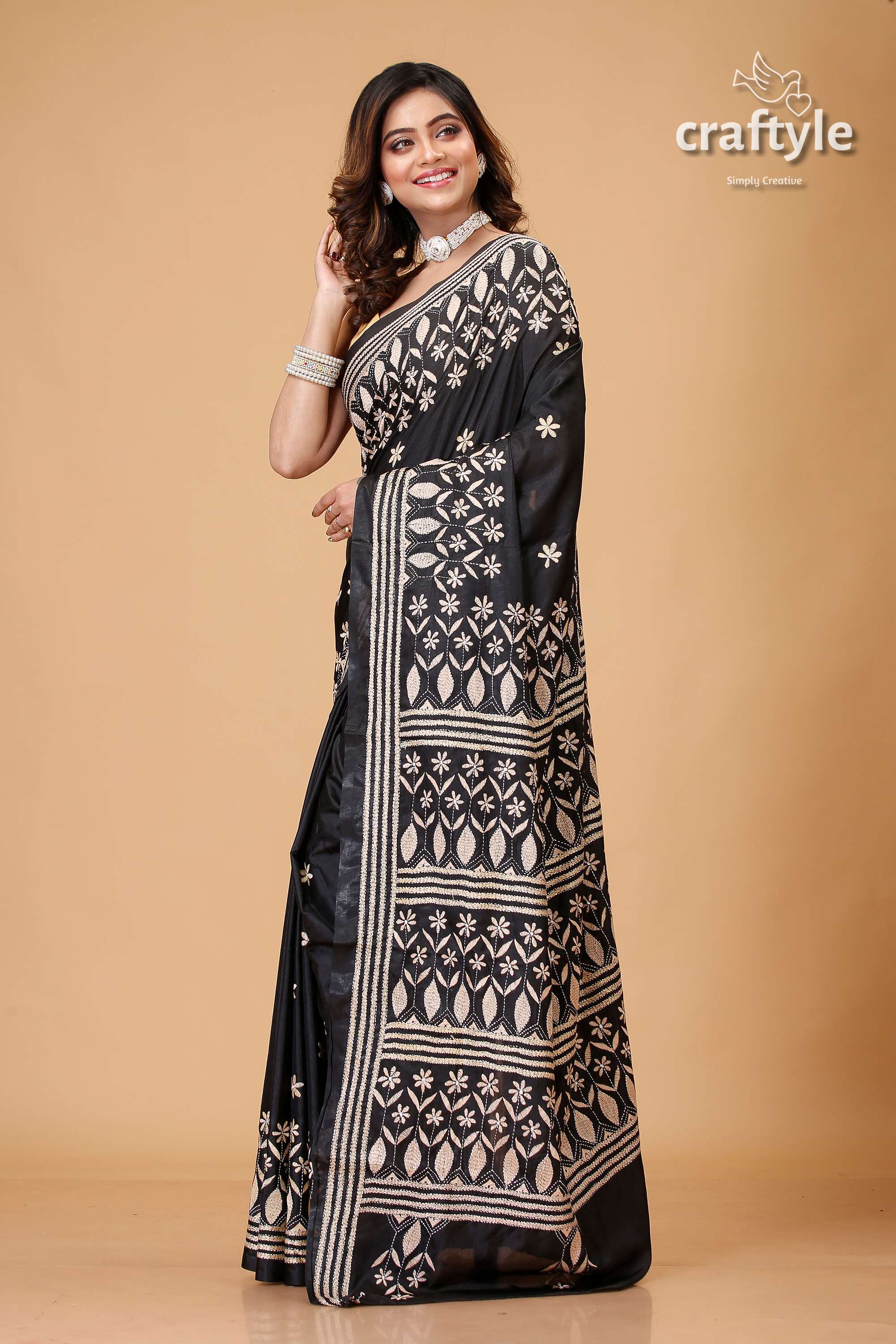 Onyx Black Beige Thread Handmdade Silk Kantha Saree - Craftyle