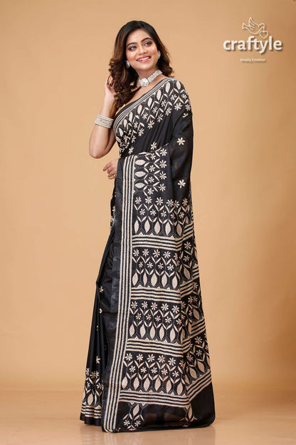 Onyx Black Beige Thread Handmdade Silk Kantha Saree - Craftyle