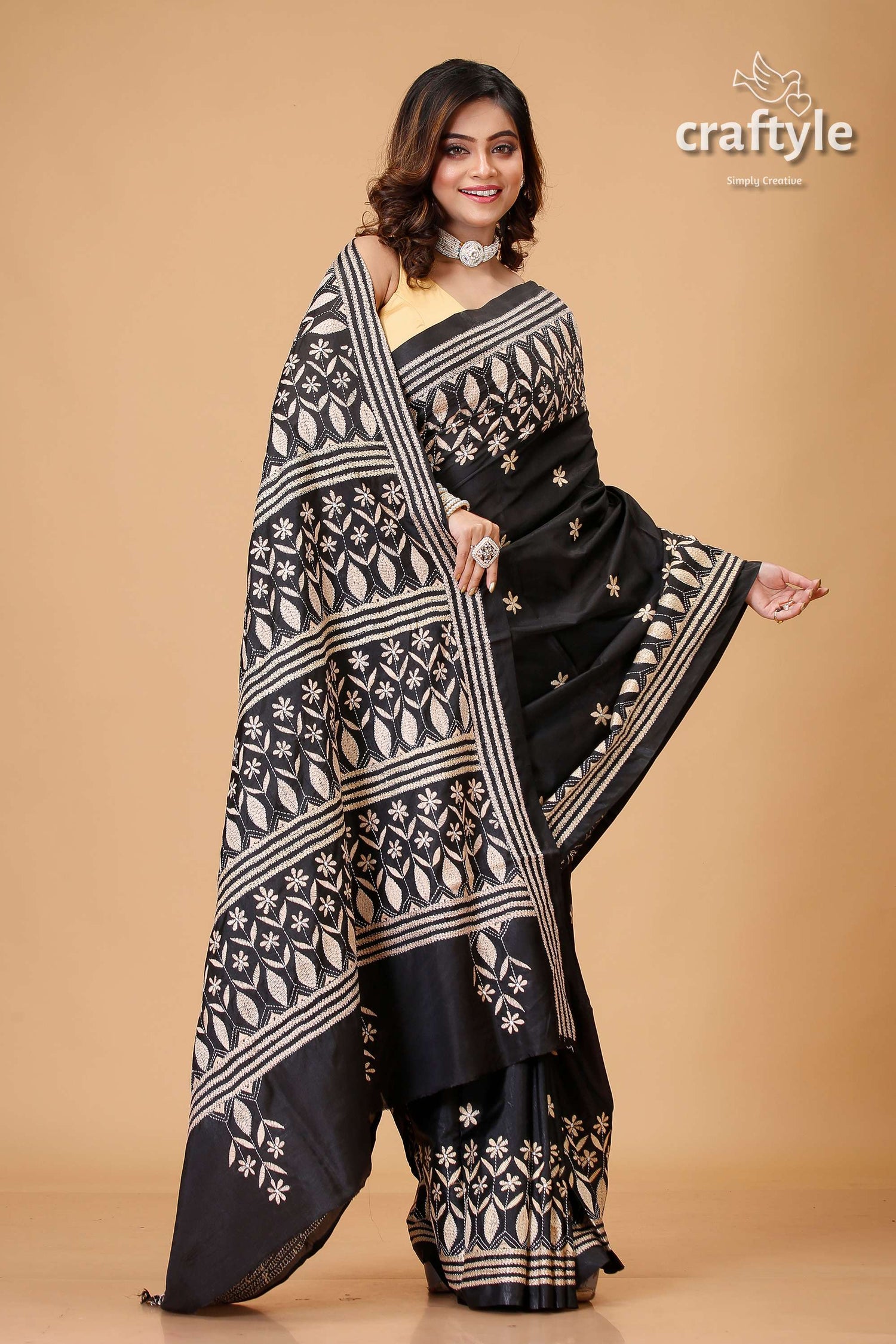 Onyx Black Beige Thread Handmdade Silk Kantha Saree - Craftyle