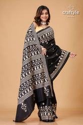Onyx Black Beige Thread Handmdade Silk Kantha Saree - Craftyle