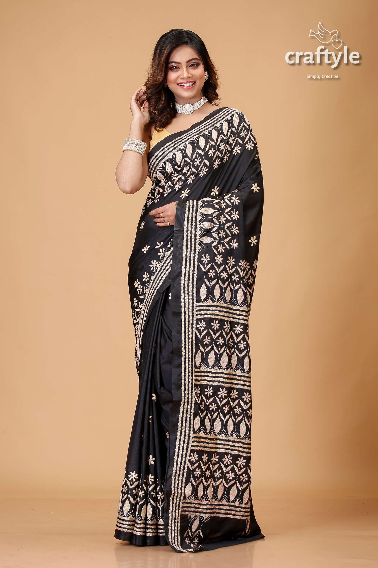 Onyx Black Beige Thread Handmdade Silk Kantha Saree - Craftyle