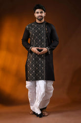 Onyx black designer cotton panjabi for men with beige geometric kantha work 6