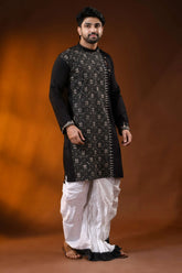 Onyx black designer cotton panjabi for men with beige geometric kantha work 3