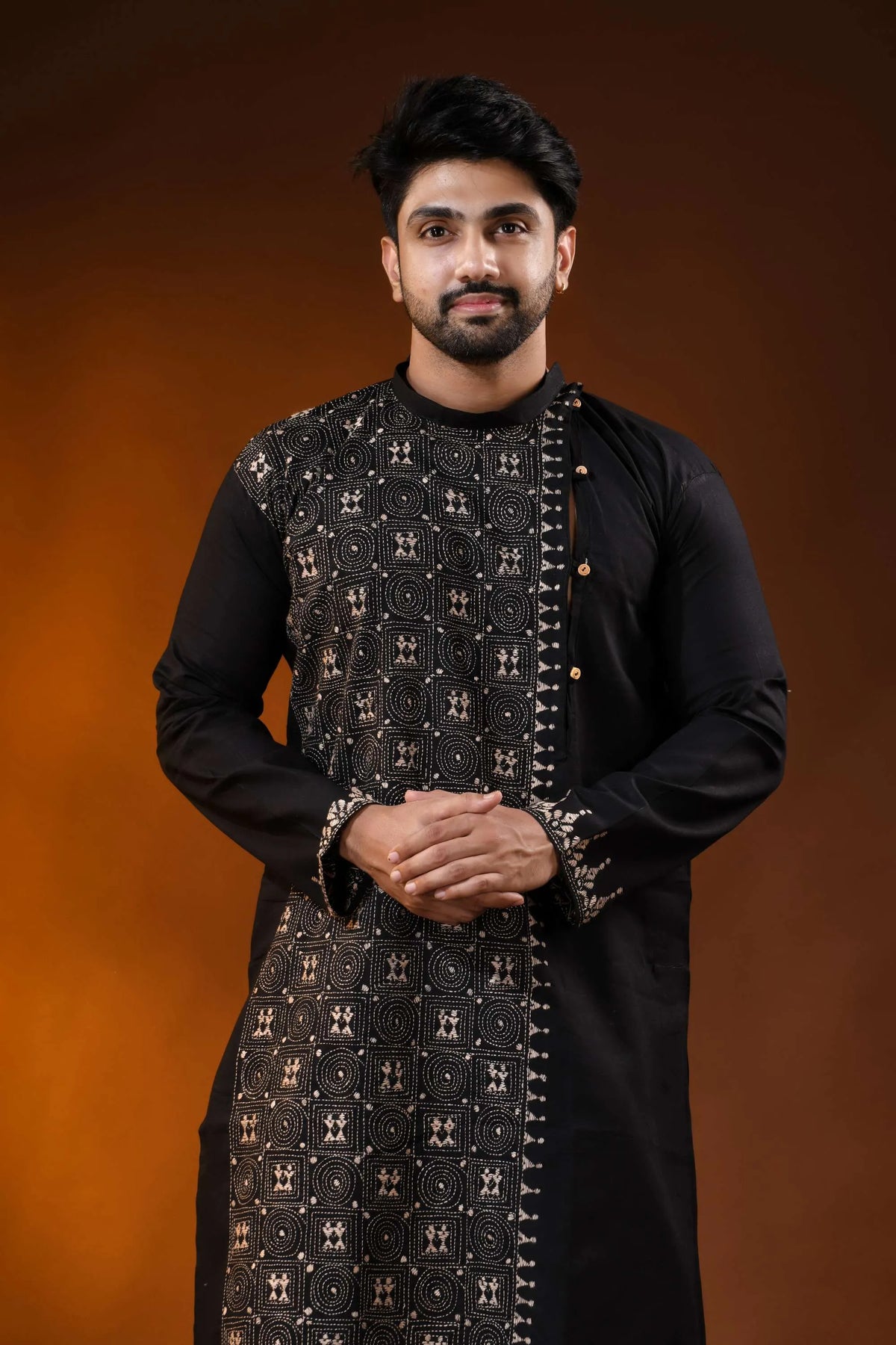 Onyx black designer cotton panjabi for men with beige geometric kantha work 2