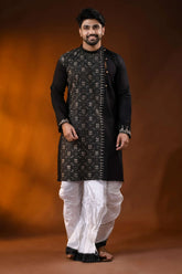 Onyx black designer cotton panjabi for men with beige geometric kantha work 1