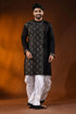 Onyx black designer cotton panjabi for men with beige geometric kantha work 1