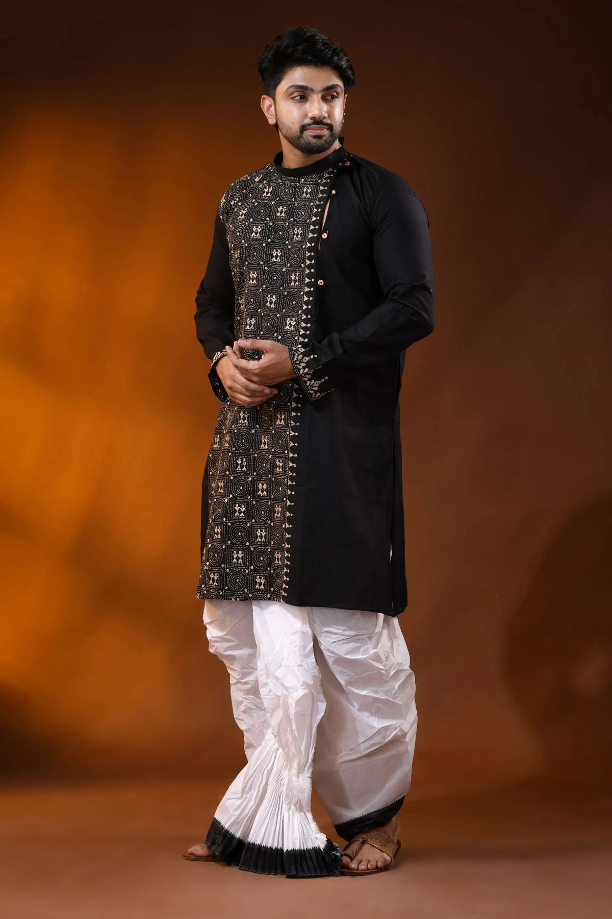 Onyx black designer cotton panjabi for men with beige geometric kantha work 4
