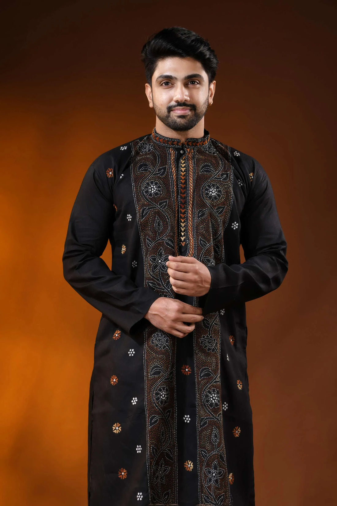 Onyx black kantha stitch pure cotton punjabi for men - hand embroidery 2