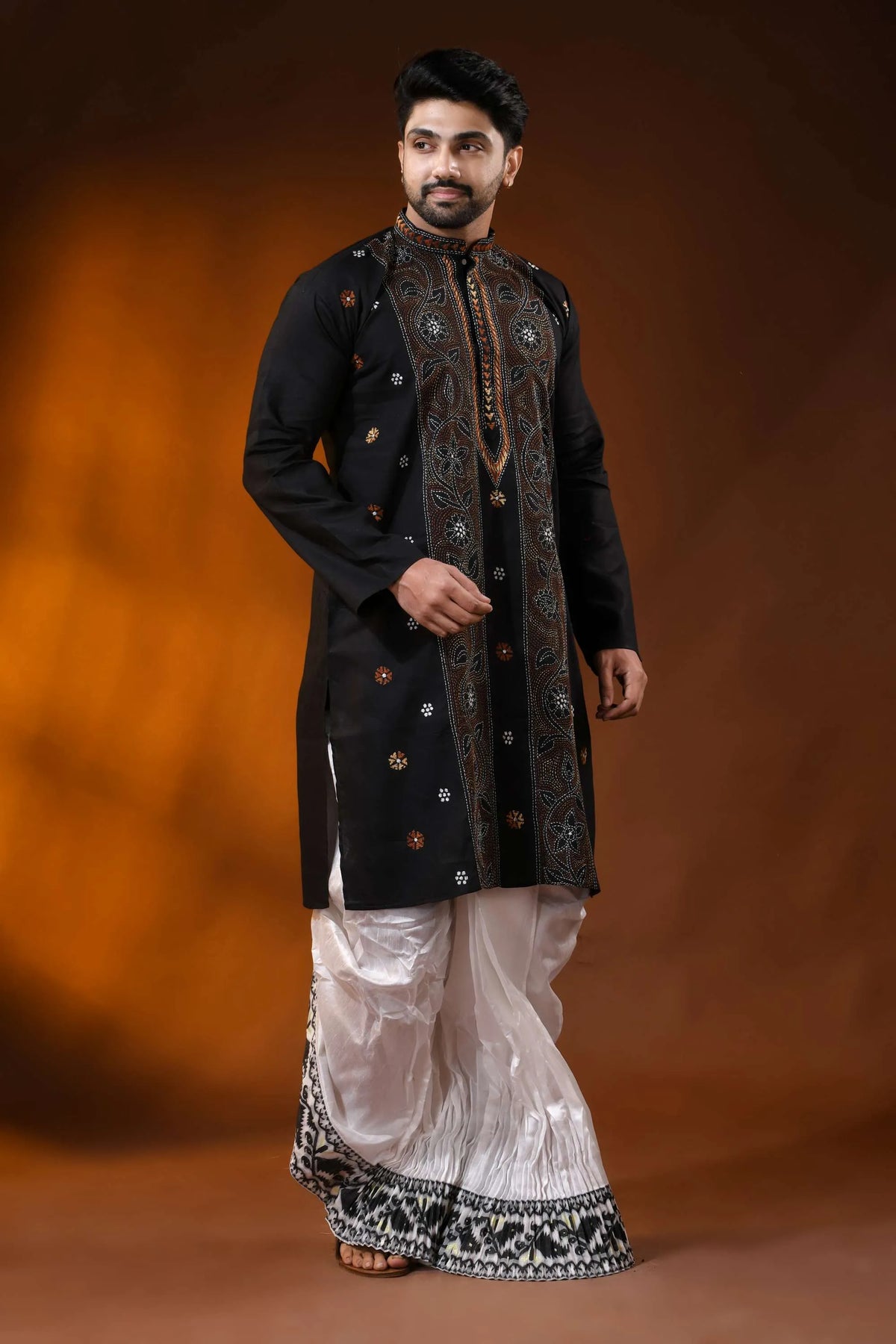 Onyx black kantha stitch pure cotton punjabi for men - hand embroidery 4
