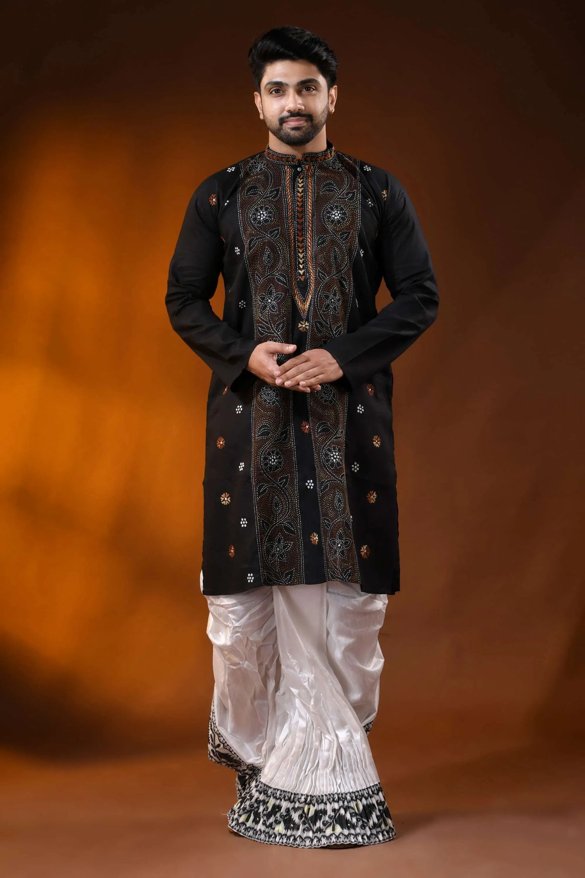 Onyx black kantha stitch pure cotton punjabi for men - hand embroidery 6