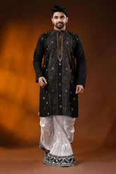 Onyx black kantha stitch pure cotton punjabi for men - hand embroidery 1