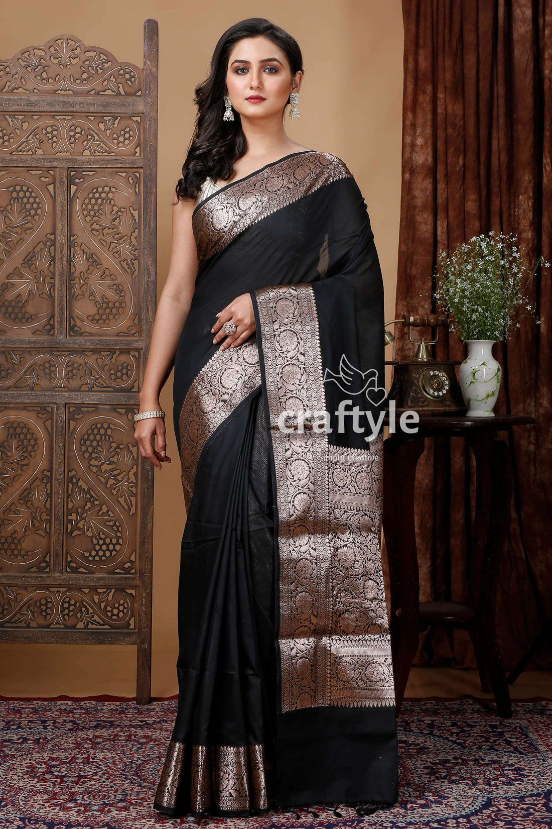 Onyx Black Manipuri Silk Saree with Zari Work - Craftyle