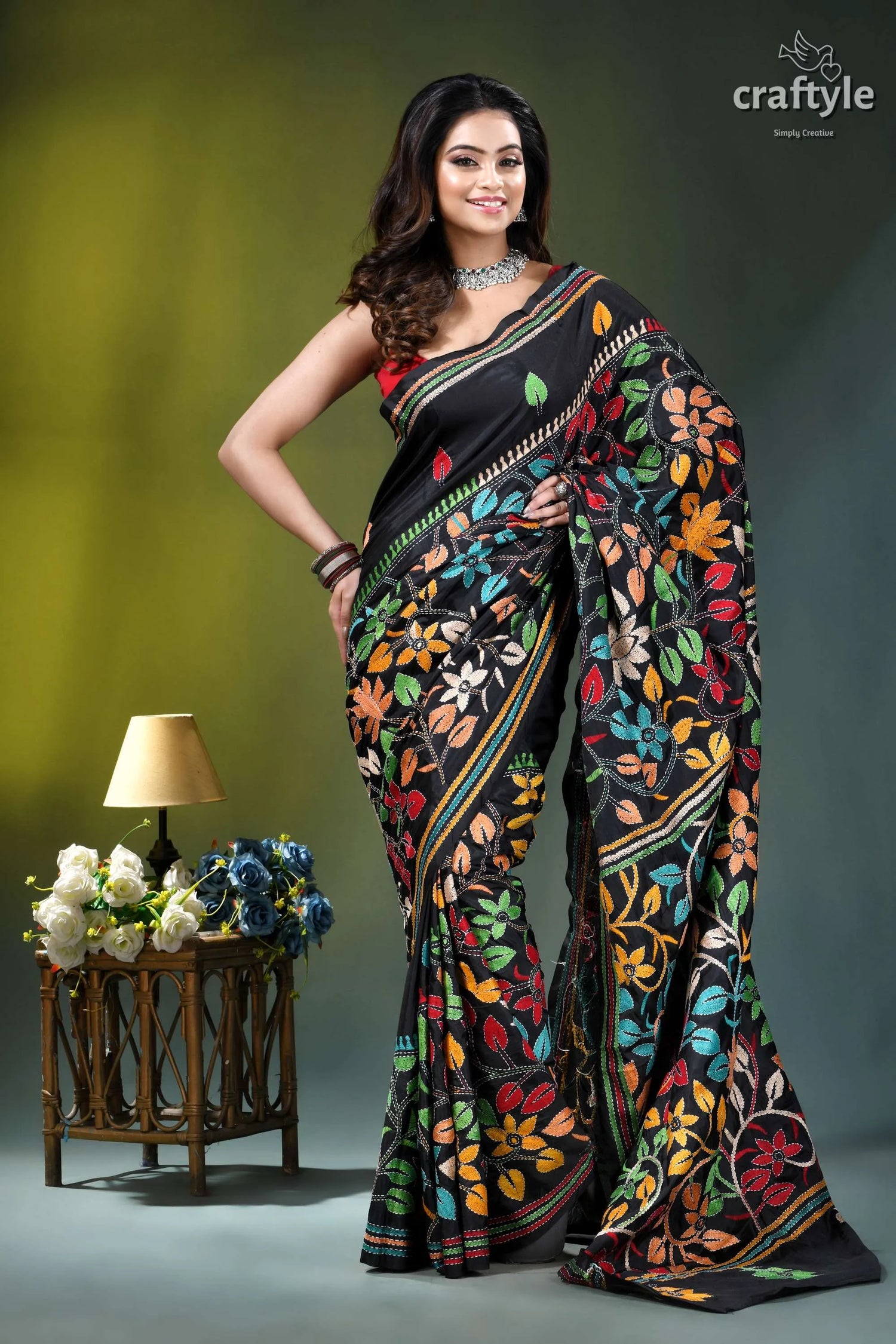 Onyx black multi-thread floral handmade silk kantha stitch saree black silk saree adorned vibrant 5