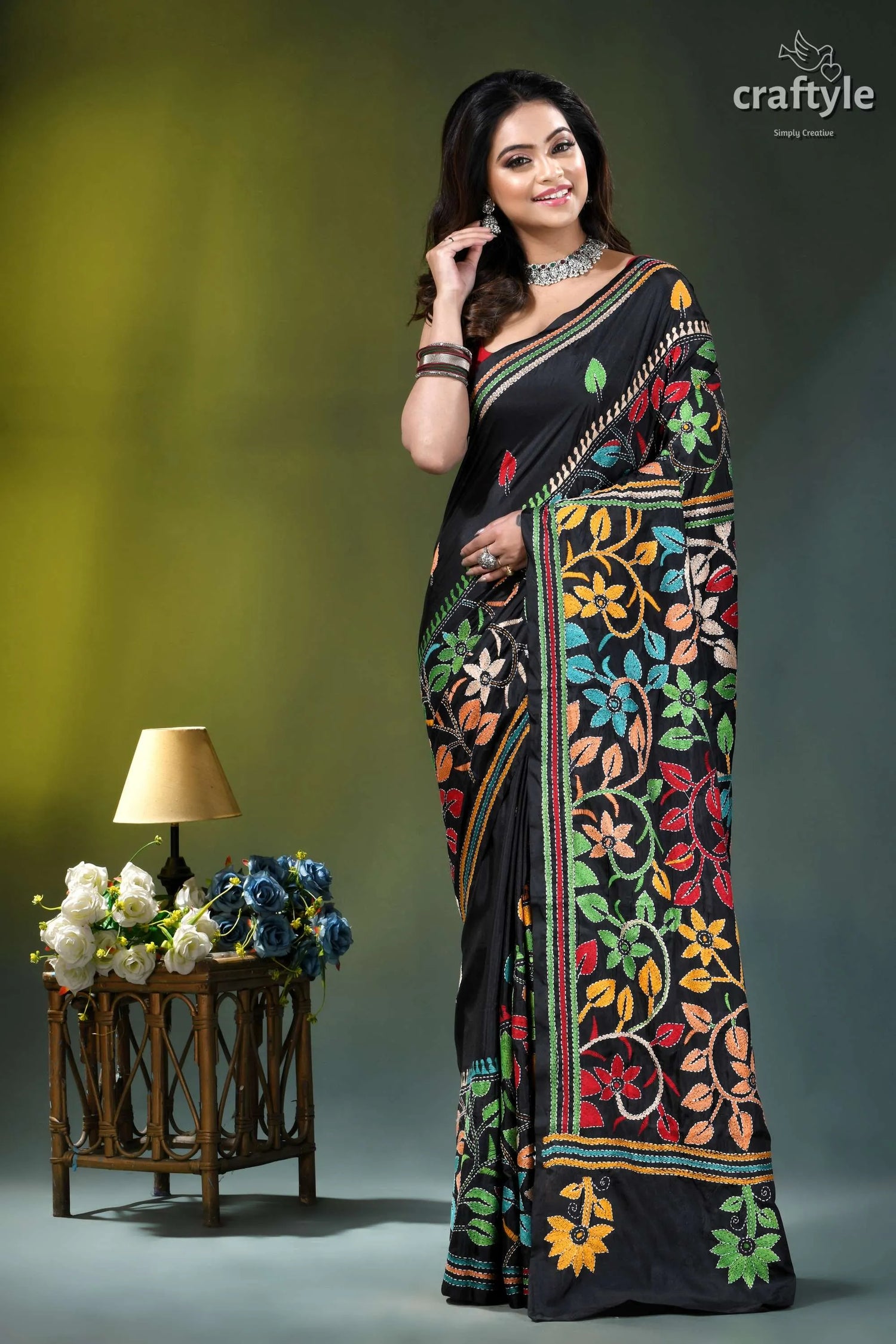 Onyx black multi-thread floral handmade silk kantha stitch saree black silk saree adorned vibrant 3