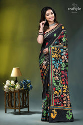 Onyx black multi-thread floral handmade silk kantha stitch saree black silk saree adorned vibrant 3