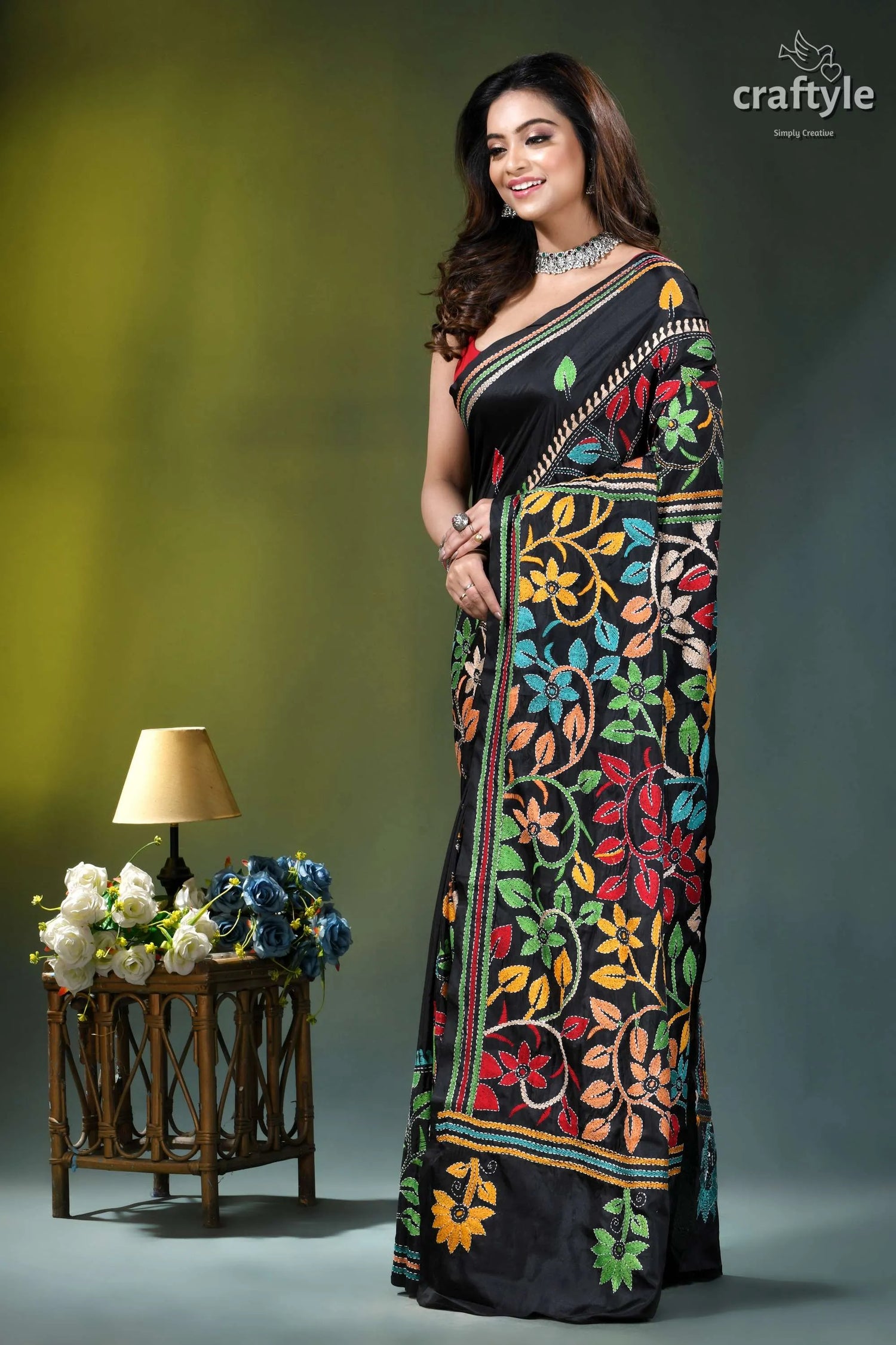 Onyx black multi-thread floral handmade silk kantha stitch saree black saree vibrant multicolored floral 4
