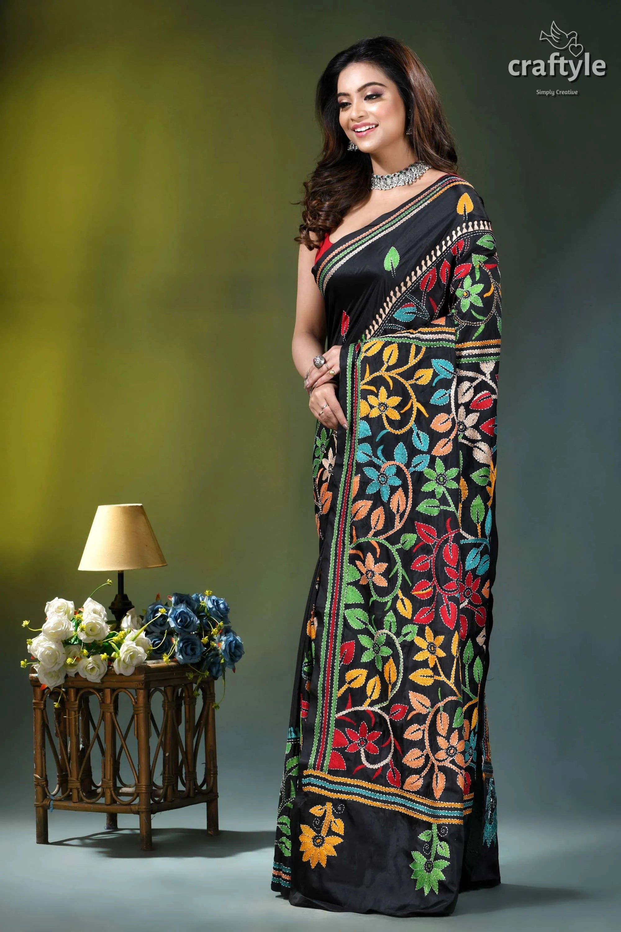 Onyx black multi-thread floral handmade silk kantha stitch saree black saree vibrant multicolored floral 4