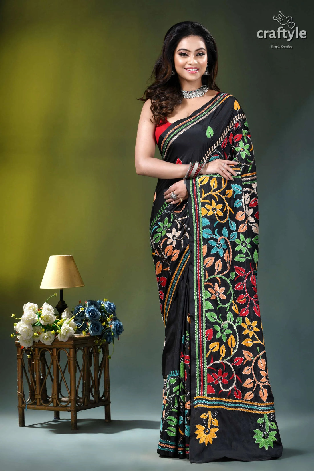 Onyx black multi-thread floral handmade silk kantha stitch saree black saree vibrant multicolored floral 1