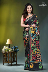 Onyx black multi-thread floral handmade silk kantha stitch saree black saree vibrant multicolored floral 1