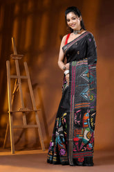 Onyx black multi-thread majestic horsel motif silk kantha saree 3