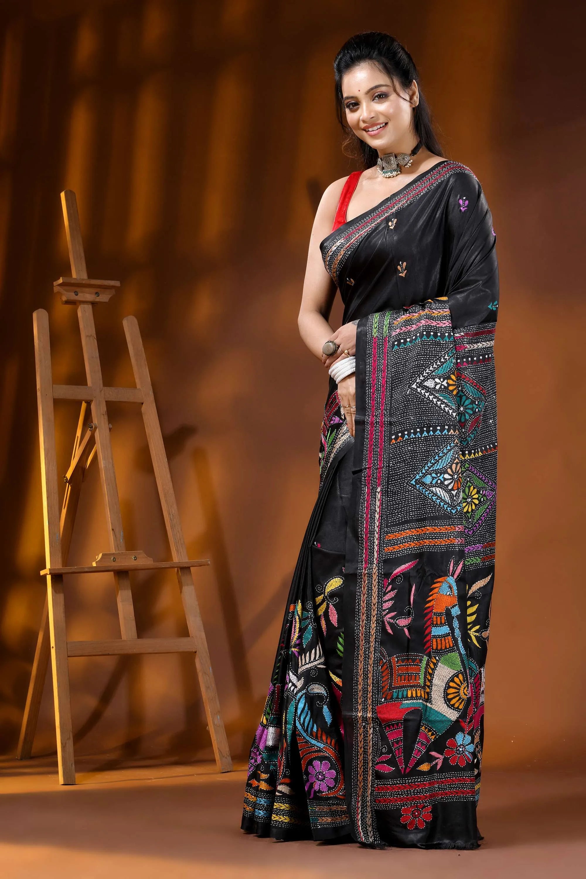 Onyx black multi-thread majestic horsel motif silk kantha saree 3