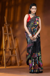 Onyx black multi-thread majestic horsel motif silk kantha saree 5
