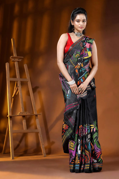 Onyx black multi-thread majestic horsel motif silk kantha saree 5
