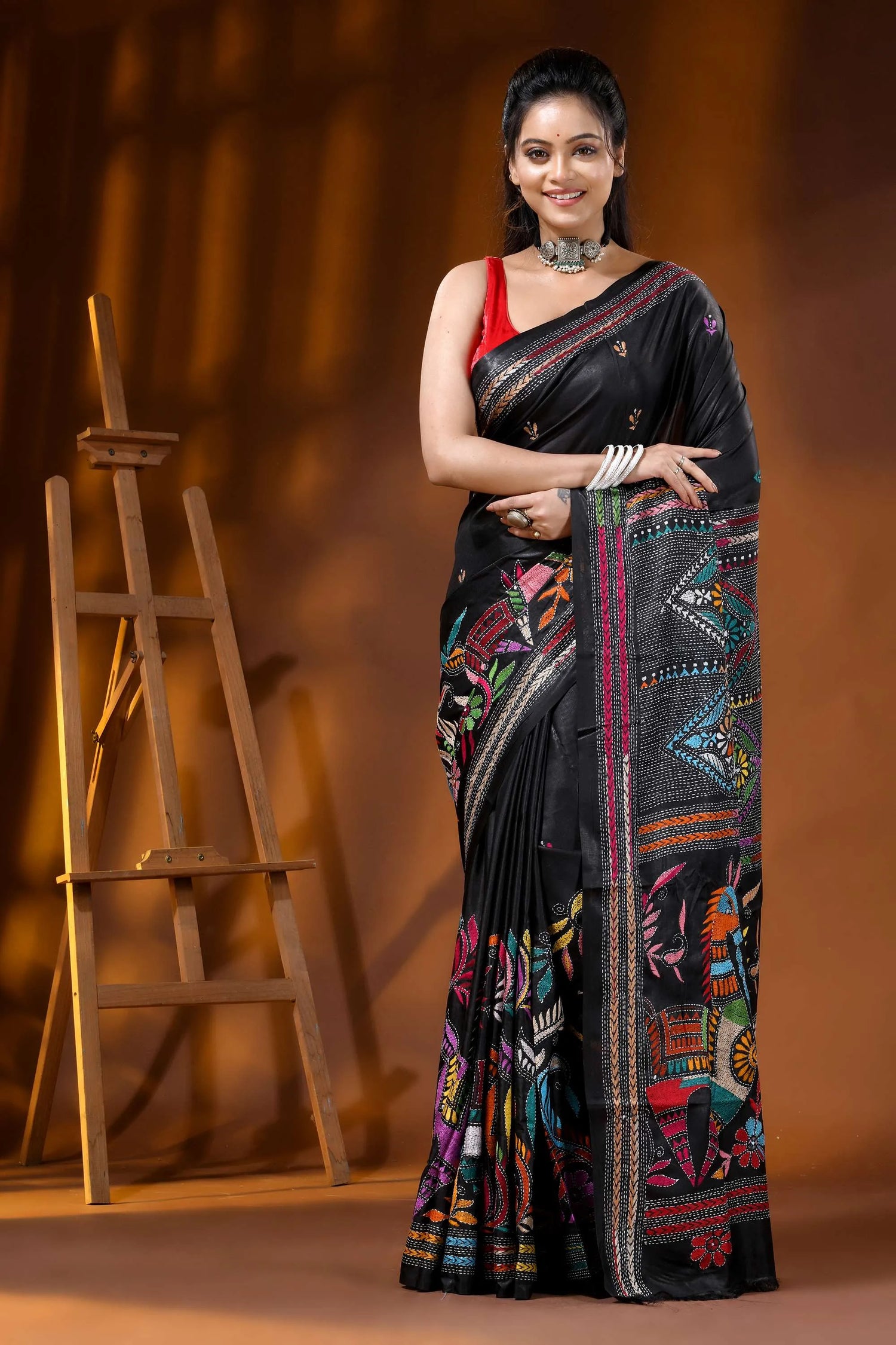 Onyx black multi-thread majestic horsel motif silk kantha saree 6