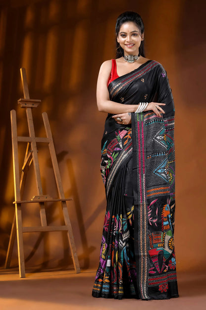 Onyx black multi-thread majestic horsel motif silk kantha saree 6